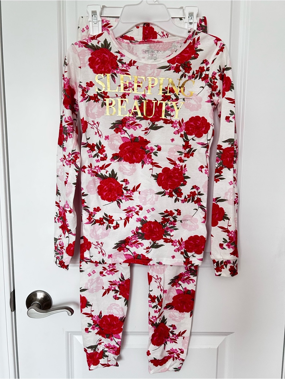 Place Floral "Sleeping Beauty" Pajama Set - Pink & Red with Gold Text